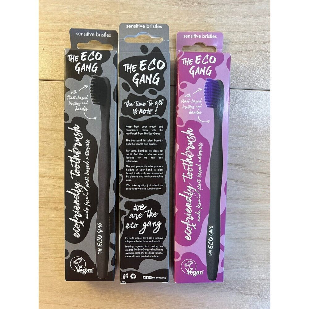 3 Pack- The Eco Gang Toothbrush Plant Based Sensitive Bristles Black Vegan